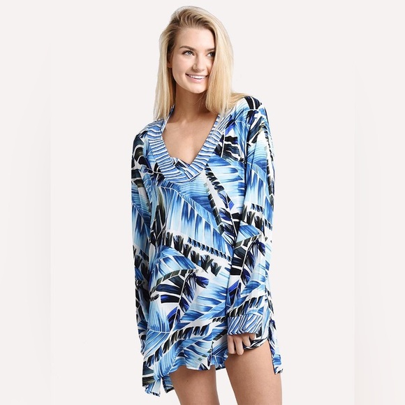 La Blanca Two Cool V-Neck Tunic Coverup Dress  blue white Palm leaf size XS - Picture 1 of 10